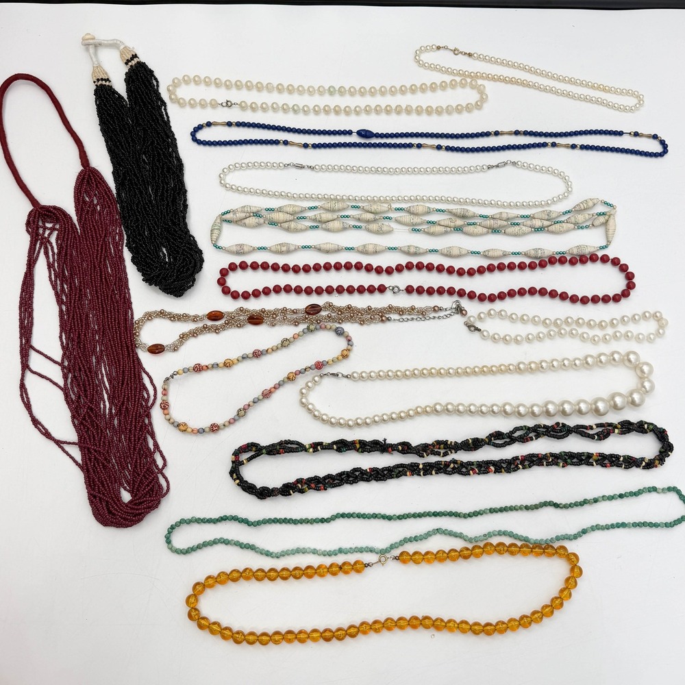 Vintage Beaded Necklace Lot Faux Pearl Seed Bead Paper Bead Multi Strand 15pc